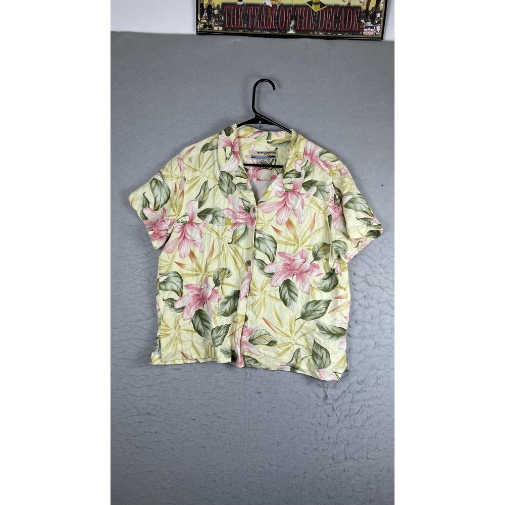 Sunset Cove Shirt Womens Petite XL Yellow Pink Floral Hawaiian Button Up Top